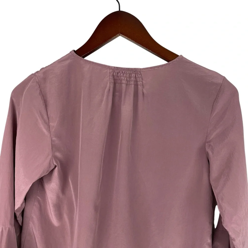 Garnet Hill | Pink Silk V Neck Bell Cuff Blouse